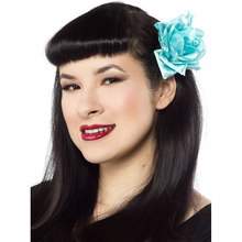 Load image into Gallery viewer, Sourpuss Turquoise &amp; White Skull Rose Hair Clip | Gothic Rockabilly Pin-Up Hair Accessory