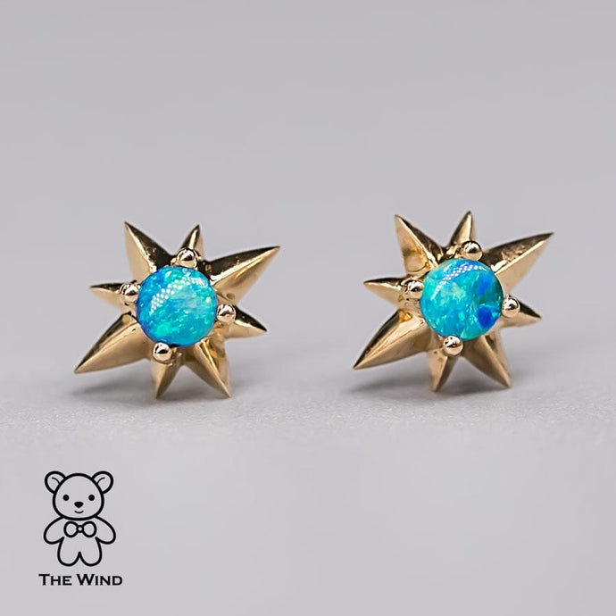 Starry Design Australian Solid Opal Stud Earrings 14K Yellow Gold