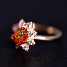 Load image into Gallery viewer, Starry Night Mexican Fire Opal Diamond Engagement Ring 18K Yellow Gold
