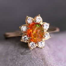 Load image into Gallery viewer, Starry Night Mexican Fire Opal Diamond Engagement Ring 18K Yellow Gold