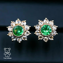 Load image into Gallery viewer, Stunning Tsavorite &amp; Rose Cut Diamond Halo Stud Earrings 18K Yellow Gold