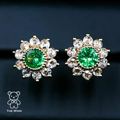 Stunning Tsavorite & Rose Cut Diamond Halo Stud Earrings 18K Yellow Gold