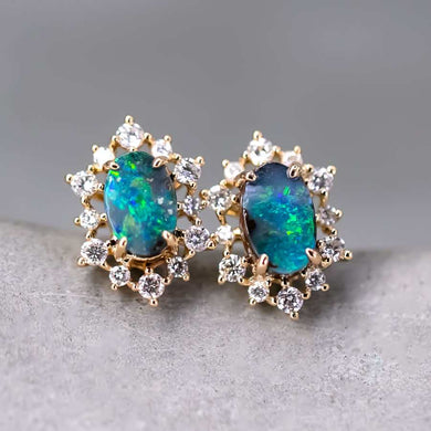 Stunning Boulder Opal & Halo Diamond Stud Earrings 18k Yellow Gold