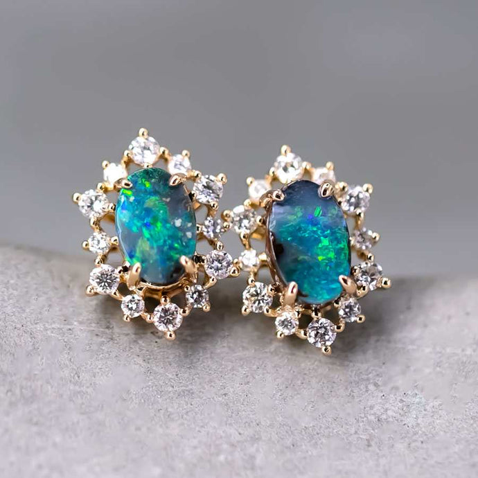 Stunning Boulder Opal & Halo Diamond Stud Earrings 18k Yellow Gold