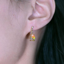 Load image into Gallery viewer, Stunning Diamond Fire Opal Asymmetric Drop Earrings in 18K Yellow Gold