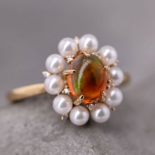 Load image into Gallery viewer, Stunning Engagement Ring Fire Opal Pearl &amp; Diamonds 18K Yellow Gold