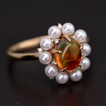 Load image into Gallery viewer, Stunning Engagement Ring Fire Opal Pearl &amp; Diamonds 18K Yellow Gold