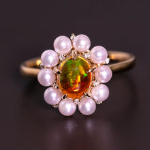 Load image into Gallery viewer, Stunning Engagement Ring Fire Opal Pearl &amp; Diamonds 18K Yellow Gold