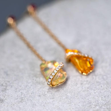 Stunning Fire Opal Diamond Ruby Drop Earrings in 18K Yellow Gold