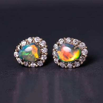 Stunning Doublet Opal Diamond Hola Stud Earrings 14k Yellow Gold