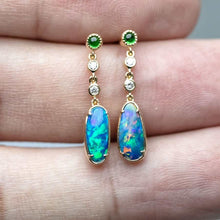 Load image into Gallery viewer, Stylish Doublet Opal Diamond Tsavorite Drop Earrings 18k Yellow Gold