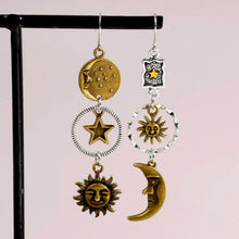Load image into Gallery viewer, Sun and Moon Celestial Charm Earrings | Dangle Earrings 2.75&quot; Long Boho Jewelry