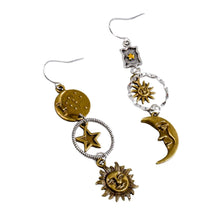 Load image into Gallery viewer, Sun and Moon Celestial Charm Earrings | Dangle Earrings 2.75&quot; Long Boho Jewelry