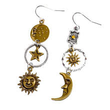 Load image into Gallery viewer, Sun and Moon Celestial Charm Earrings | Dangle Earrings 2.75&quot; Long Boho Jewelry