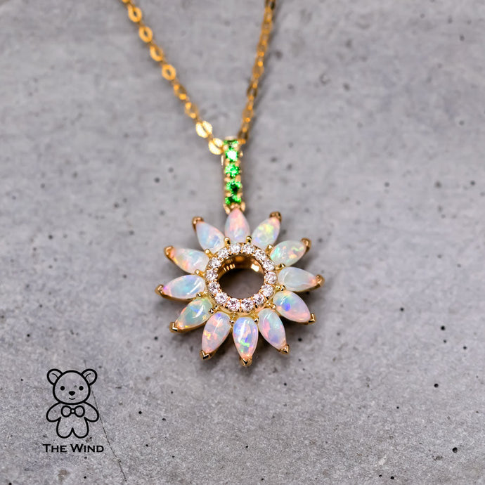 Sunflower Australian Solid Opal Tsavorite Diamond Pendant 18K Yellow Gold