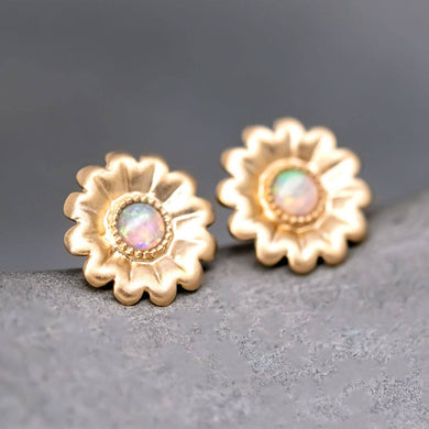 Sunflower Stud Earrings with Australian Opal 14K Yellow Gold