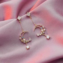 Load image into Gallery viewer, Sweet Dreams Moon Earrings | Gold Celestial Dangle Earrings with Pink &amp; Blue Gems