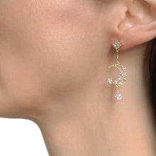 Load image into Gallery viewer, Sweet Dreams Moon Earrings | Gold Celestial Dangle Earrings with Pink &amp; Blue Gems