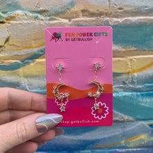 Load image into Gallery viewer, Sweet Dreams Moon Earrings | Gold Celestial Dangle Earrings with Pink &amp; Blue Gems