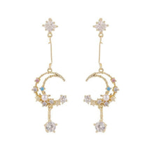 Load image into Gallery viewer, Sweet Dreams Moon Earrings | Gold Celestial Dangle Earrings with Pink &amp; Blue Gems
