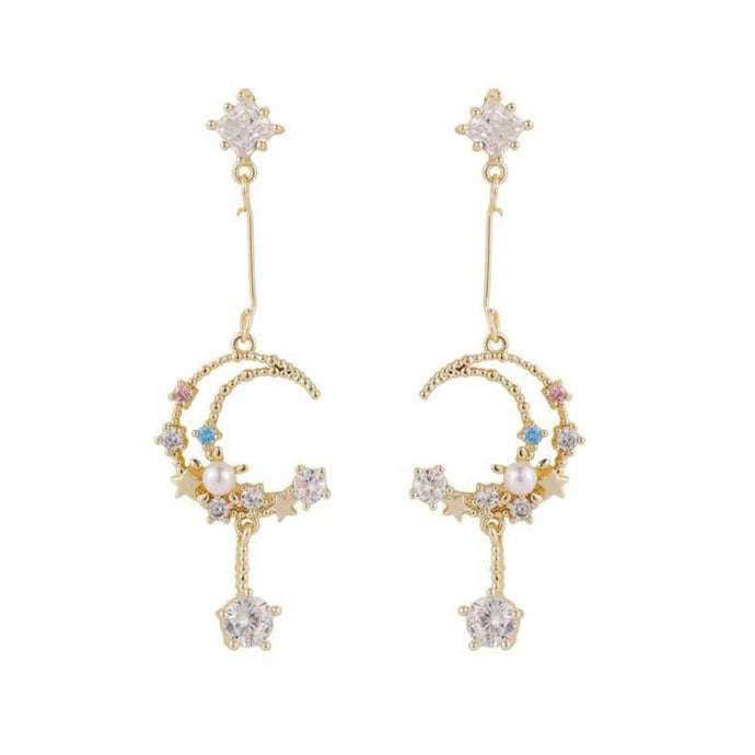 Sweet Dreams Moon Earrings | Gold Celestial Dangle Earrings with Pink & Blue Gems