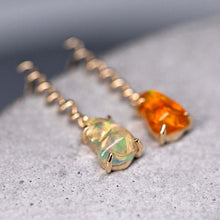 Load image into Gallery viewer, Swirl Mexican Fire Opal Drop Earrings in 14K Yellow Gold