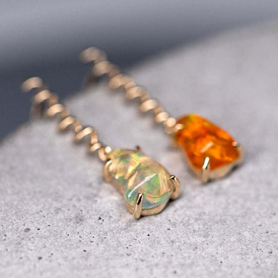 Swirl Mexican Fire Opal Drop Earrings in 14K Yellow Gold