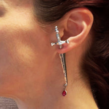 Load image into Gallery viewer, Sword Maiden Single Stabby Earring in Gold or Silver | 3.5&quot; Long Dagger Earrings for Feminists, Goths