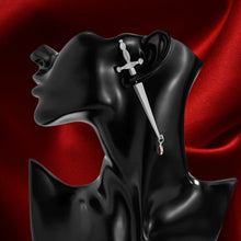 Load image into Gallery viewer, Sword Maiden Single Stabby Earring in Gold or Silver | 3.5&quot; Long Dagger Earrings for Feminists, Goths