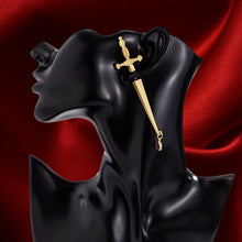 Load image into Gallery viewer, Sword Maiden Single Stabby Earring in Gold or Silver | 3.5&quot; Long Dagger Earrings for Feminists, Goths