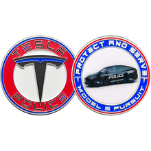 Load image into Gallery viewer, GL16-001 Tesla Police Model S Pursuit Thin Blue Line Challenge Coin Elon Musk