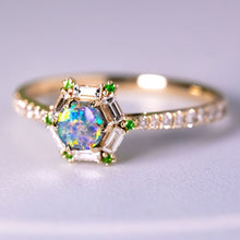 Load image into Gallery viewer, The One - Black Opal, Baguette Cut Diamond, Tsavorite Engagement Ring 14K Gold