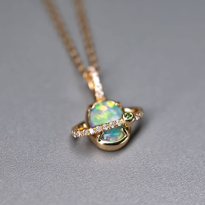 The Saturn - Australian Black Opal & Diamond Tsavorite 18K Yellow Gold Necklace