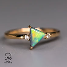 Load image into Gallery viewer, Minimalist Triangle Shaped Australian Black Opal Diamond Engagement Ring 18K Yellow Gold