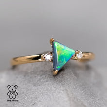 Load image into Gallery viewer, Minimalist Triangle Shaped Australian Black Opal Diamond Engagement Ring 18K Yellow Gold