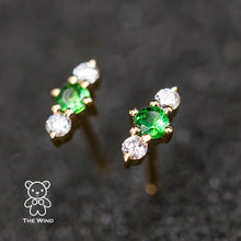 Load image into Gallery viewer, Three Stone Diamond Tsavorite Garnet Stud Earrings 18K Yellow Gold