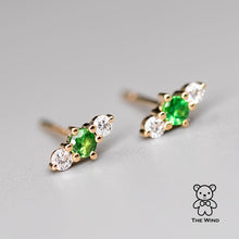 Load image into Gallery viewer, Three Stone Diamond Tsavorite Garnet Stud Earrings 18K Yellow Gold
