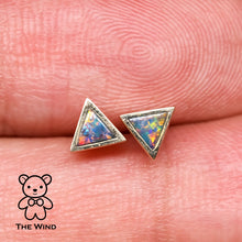 Load image into Gallery viewer, Geometric Triangle Shaped Australian Doublet Opal Stud Earrings 14K Yellow Gold