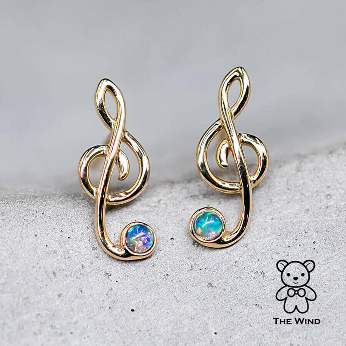 Treble Clef Musical Note Stud Earrings with Australian Solid Opal 18K Yellow Gold