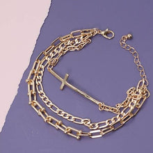 Load image into Gallery viewer, Triple Multi Bracelets with Large Cross Charm Pendant | Gold Tone Fashion Jewelry