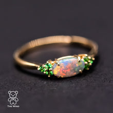 Load image into Gallery viewer, Bright Australian Semi-Black Opal and Tsavorite Garnet Engagement Wedding Ring