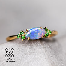 Load image into Gallery viewer, Bright Australian Semi-Black Opal and Tsavorite Garnet Engagement Wedding Ring