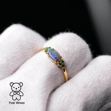 Load image into Gallery viewer, Bright Australian Semi-Black Opal and Tsavorite Garnet Engagement Wedding Ring
