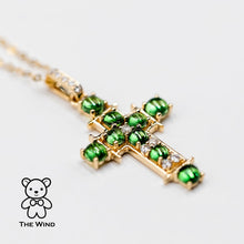 Load image into Gallery viewer, Tsavorite Garnet and Diamond Cross Pendant Necklace 18K Yellow Gold