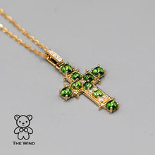 Load image into Gallery viewer, Tsavorite Garnet and Diamond Cross Pendant Necklace 18K Yellow Gold