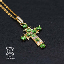 Load image into Gallery viewer, Tsavorite Garnet and Diamond Cross Pendant Necklace 18K Yellow Gold