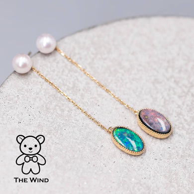 Two Ways Akoya Pearl Stud Earrings & Australian Black Opal Drop Earrings 18K Yellow Gold