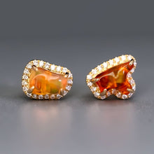 Load image into Gallery viewer, Two Colors Fire Opal Diamond Halo Stud Earrings 18K Yellow Gold