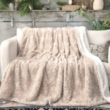 Load image into Gallery viewer, DaDalogy Bedding Champagne Ivory Faux Fur Throw Blanket - Dreamy Gold Geometric Embossed Sherpa Backside - Super Soft Warm Cozy Plush Fluffy