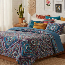 Load image into Gallery viewer, DaDa Bedding Farmhouse Bohemian Native Rustic Navy Blue Geometric Diamond Shapes Bedspread Set (KSX-001)